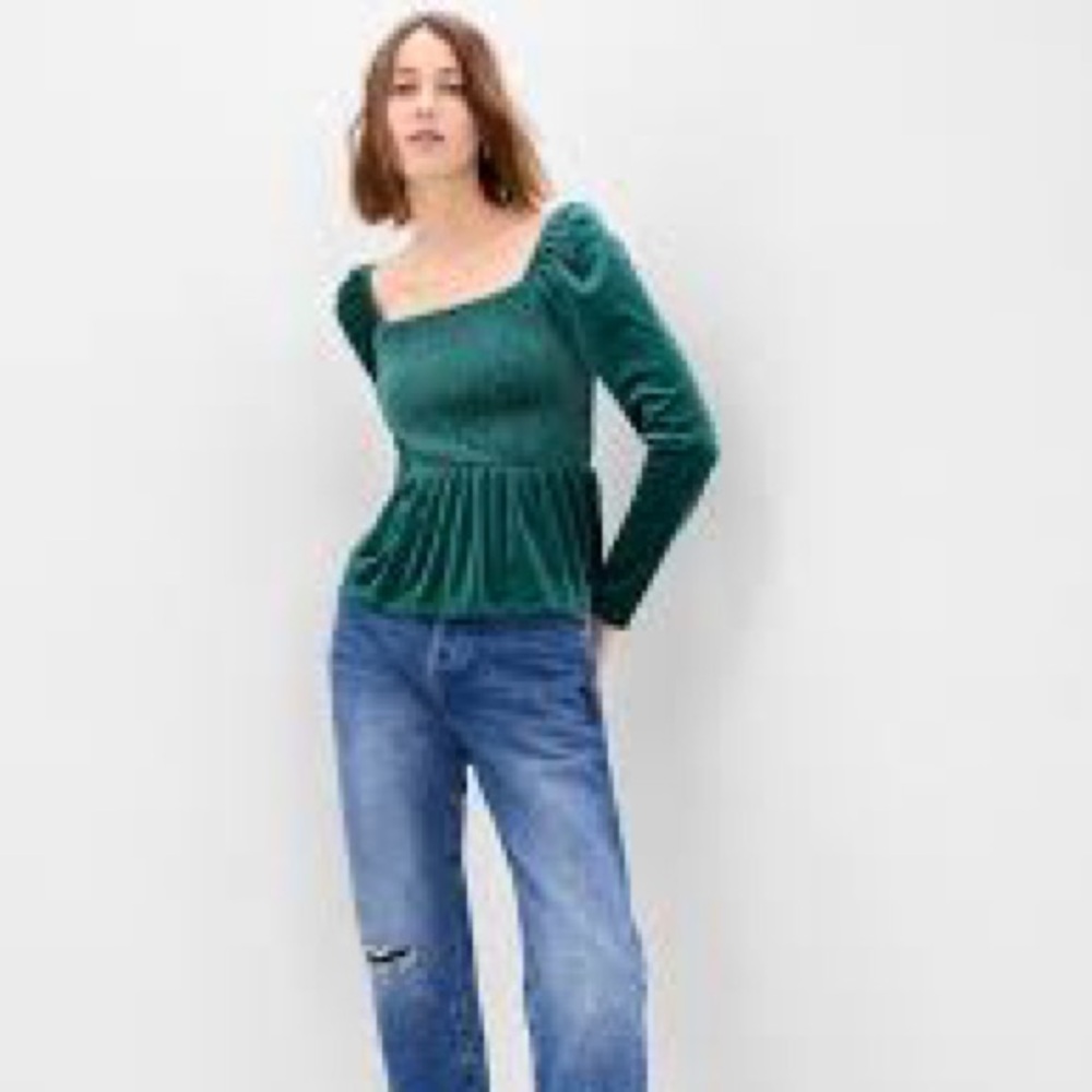 Puff Sleeve Smocked Peplum soft Velvet Top Gap size XS forest green cottage